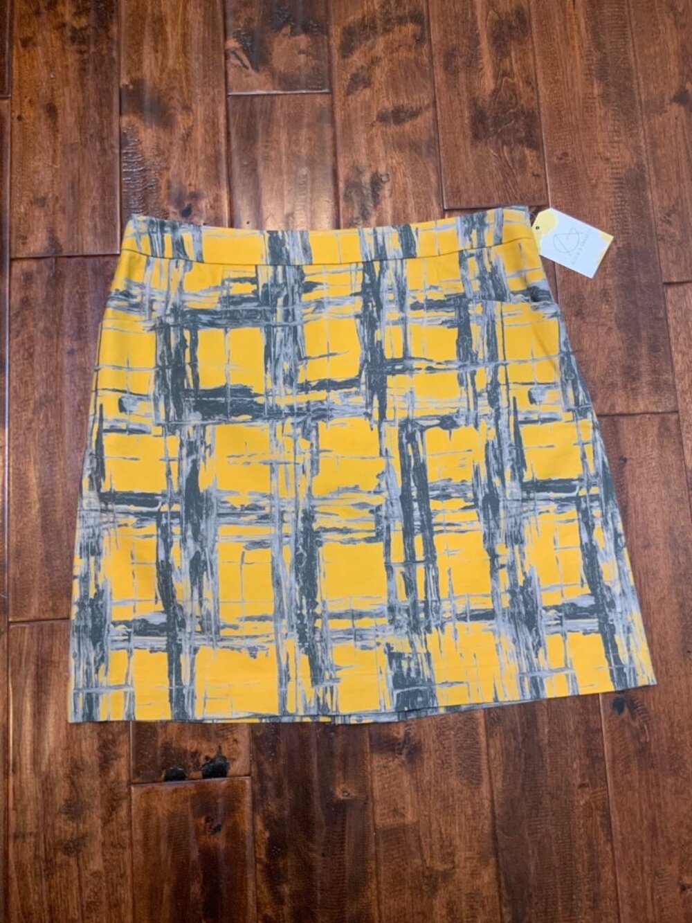 Vera Wang Yellow Gray Abstract Plaid A-Line Skirt, Size 14